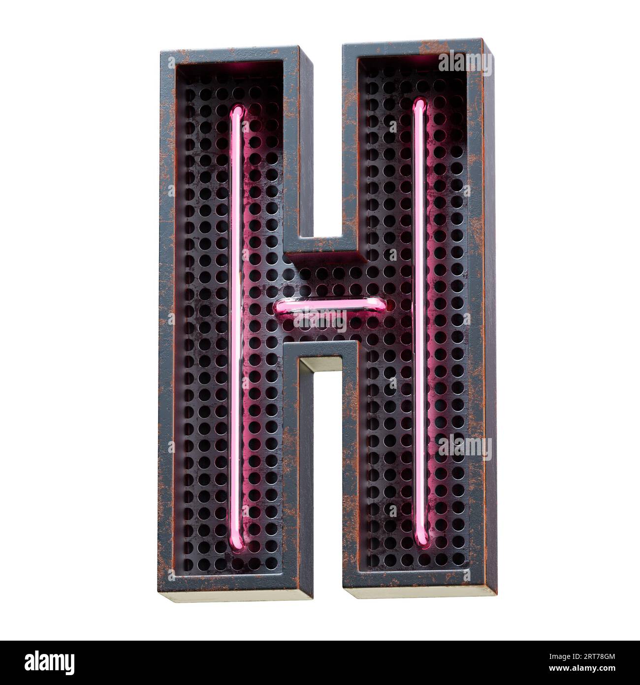 Illustration 3D de caractère alphabet rose néon clair lettre majuscule. Tube néon lettre majuscule effet phosphorescent rose en boîte métallique rouillée noire.rendu 3D. Banque D'Images