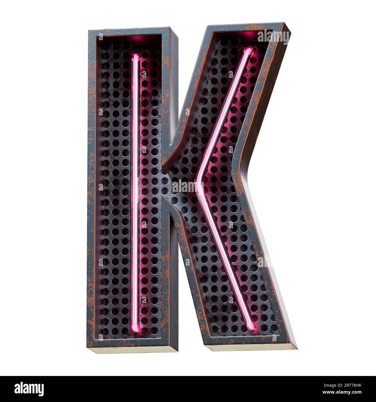 Illustration 3D de caractère alphabet rose néon clair lettre majuscule. Tube néon lettre majuscule effet phosphorescent rose en boîte métallique rouillée noire.rendu 3D. Banque D'Images