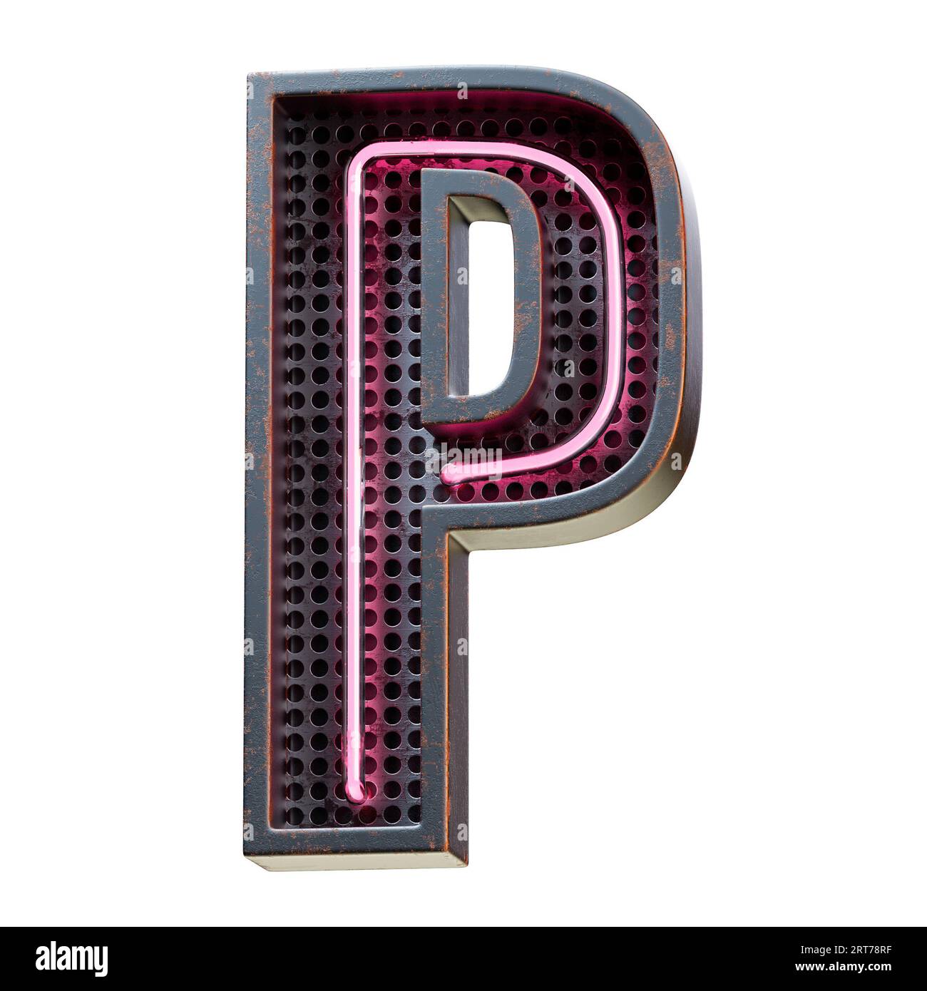 Illustration 3D de caractère alphabet rose néon clair lettre majuscule. Tube néon lettre majuscule effet phosphorescent rose en boîte métallique rouillée noire.rendu 3D. Banque D'Images
