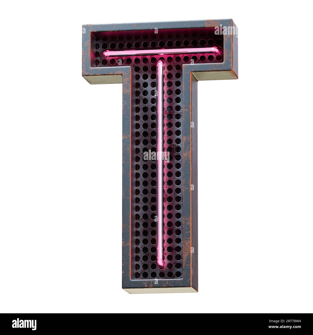 Illustration 3D de caractère alphabet rose néon clair lettre majuscule. Tube néon lettre majuscule effet phosphorescent rose en boîte métallique rouillée noire.rendu 3D. Banque D'Images