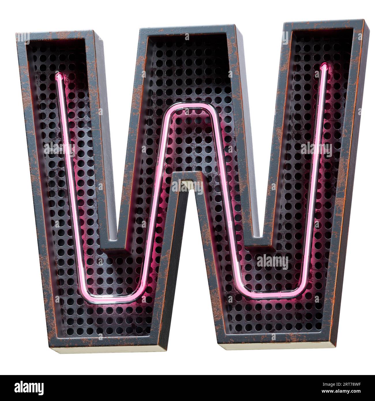 Illustration 3D de caractère alphabet rose néon clair lettre majuscule. Tube néon lettre majuscule effet phosphorescent rose en boîte métallique rouillée noire.rendu 3D. Banque D'Images