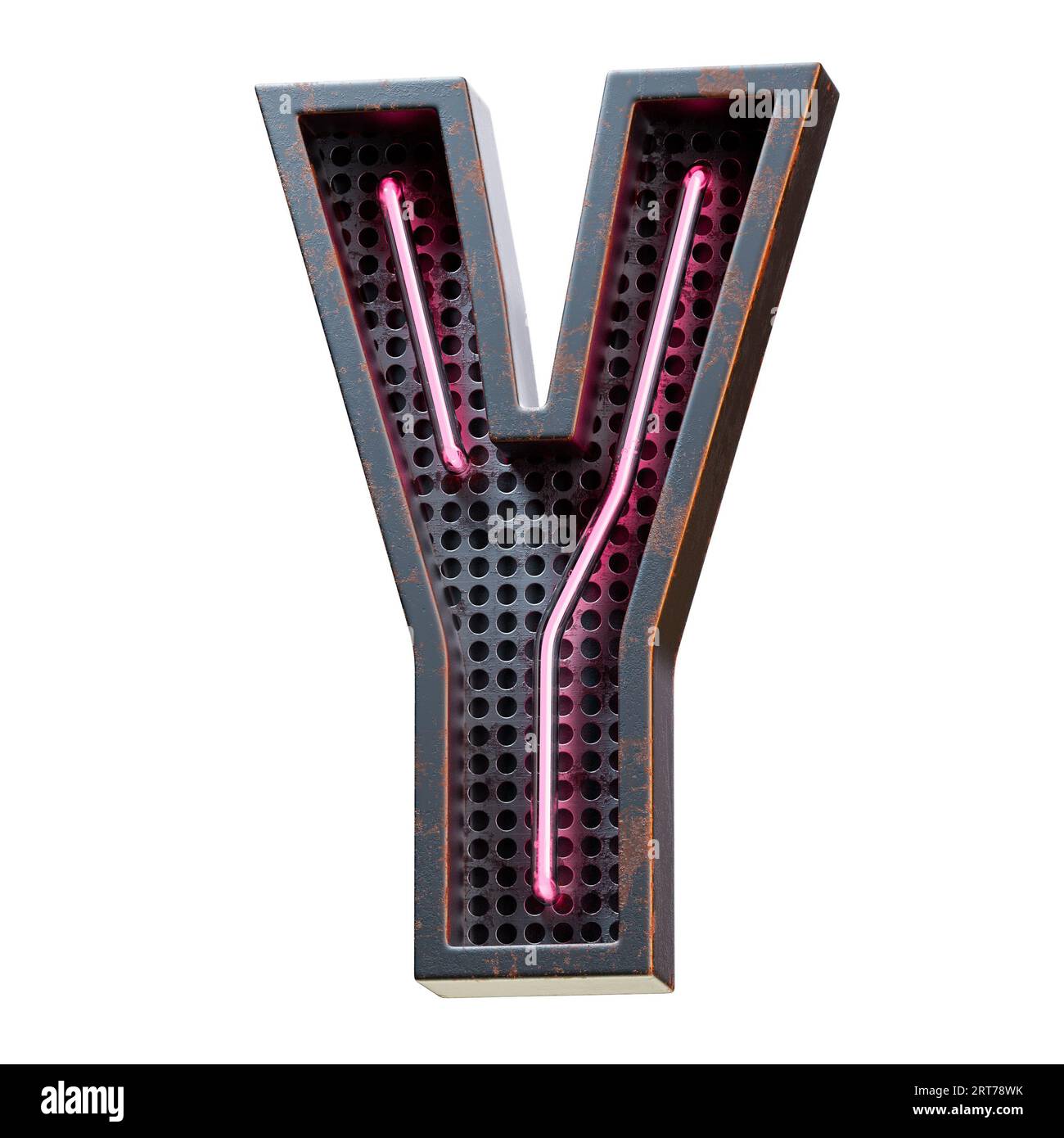 Illustration 3D de caractère alphabet rose néon clair lettre majuscule. Tube néon lettre majuscule effet phosphorescent rose en boîte métallique rouillée noire.rendu 3D. Banque D'Images