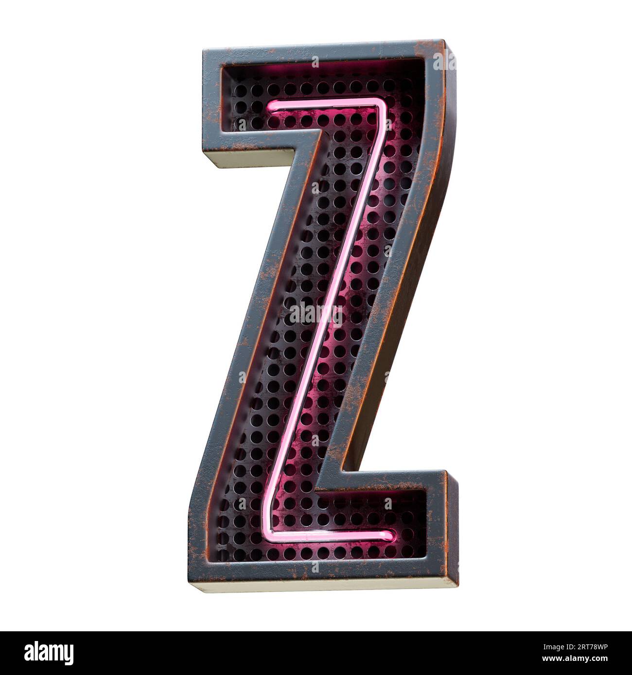 Illustration 3D de caractère alphabet rose néon clair lettre majuscule. Tube néon lettre majuscule effet phosphorescent rose en boîte métallique rouillée noire.rendu 3D. Banque D'Images
