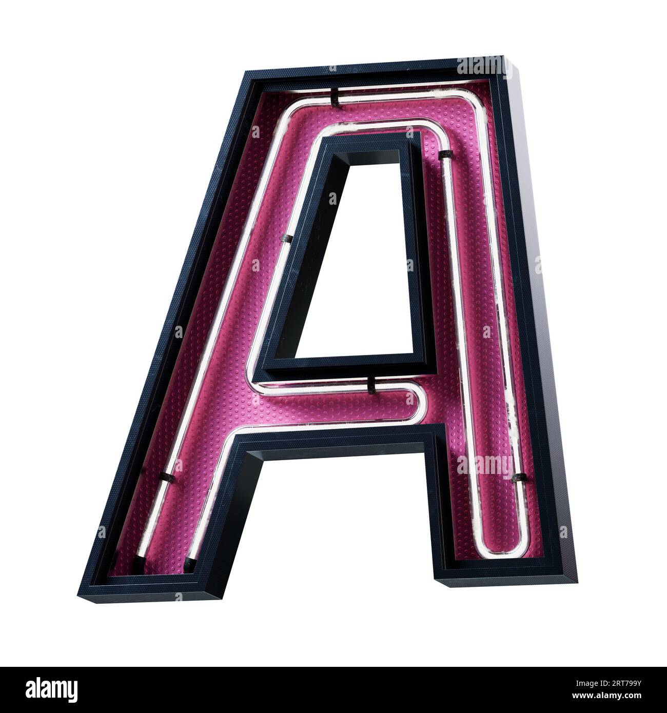 Illustration 3D de la lettre majuscule de l'alphabet blanc néon clair. Tube néon lettre majuscule effet luisant blanc dans une boîte en métal noir avec botto rose Banque D'Images