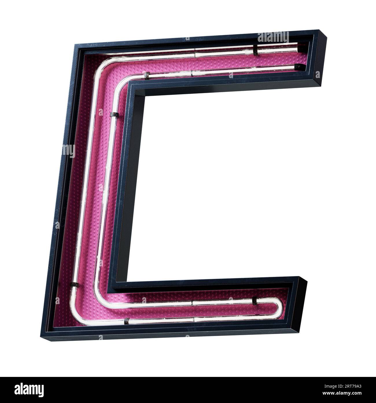 Illustration 3D de la lettre majuscule de l'alphabet blanc néon clair. Tube néon lettre majuscule effet luisant blanc dans une boîte en métal noir avec botto rose Banque D'Images