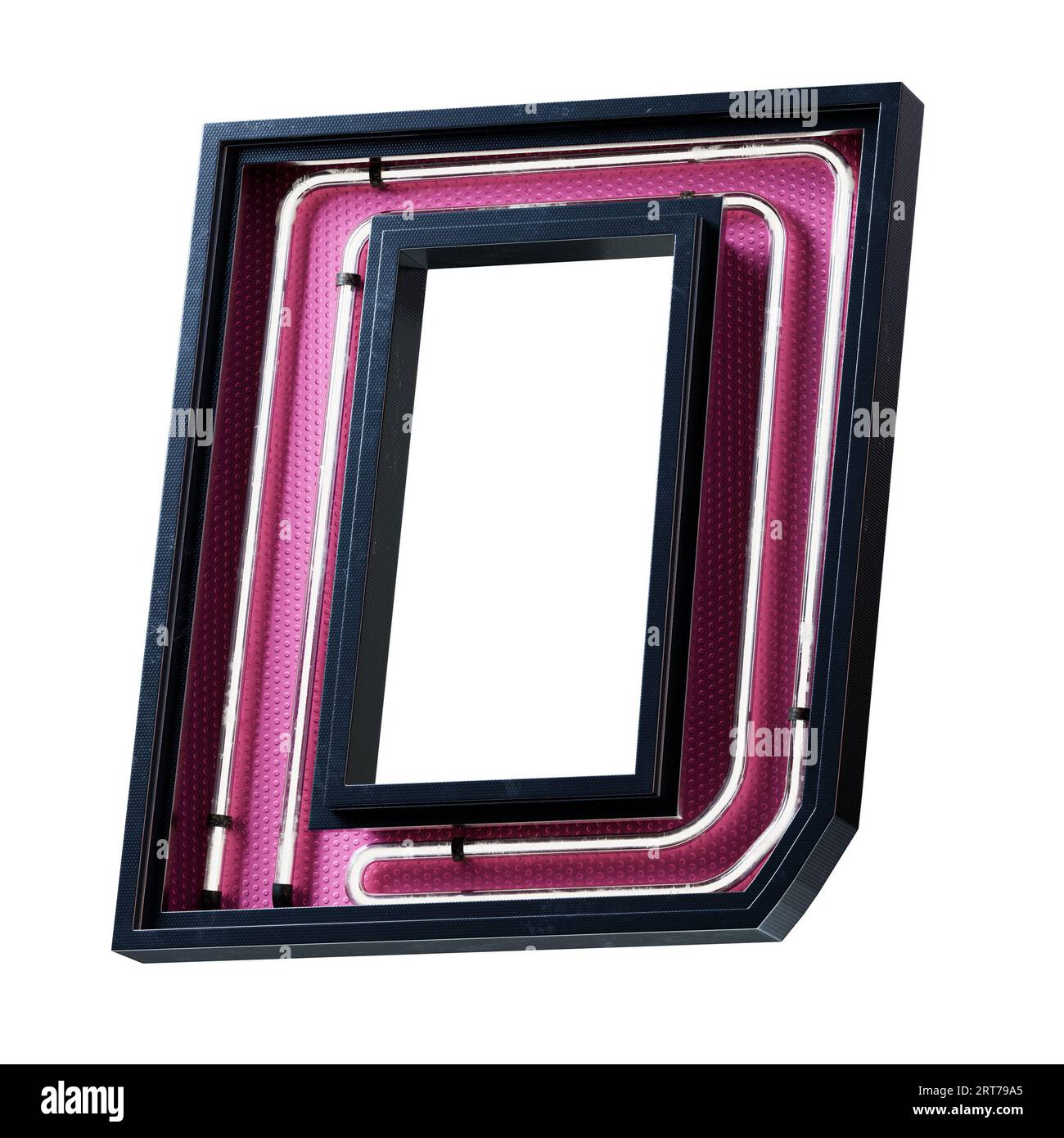 Illustration 3D de la lettre majuscule de l'alphabet blanc néon clair. Tube néon lettre majuscule effet luisant blanc dans une boîte en métal noir avec botto rose Banque D'Images
