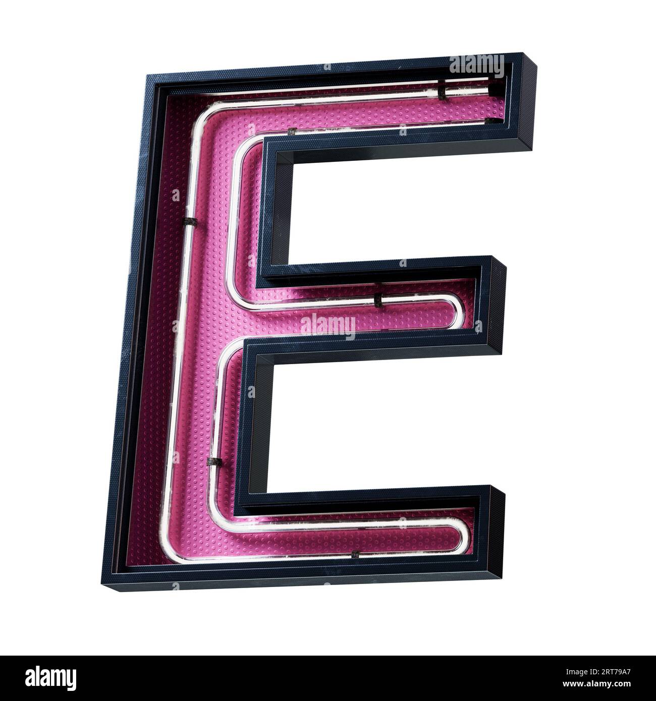 Illustration 3D de la lettre majuscule de l'alphabet blanc néon clair. Tube néon lettre majuscule effet luisant blanc dans une boîte en métal noir avec botto rose Banque D'Images