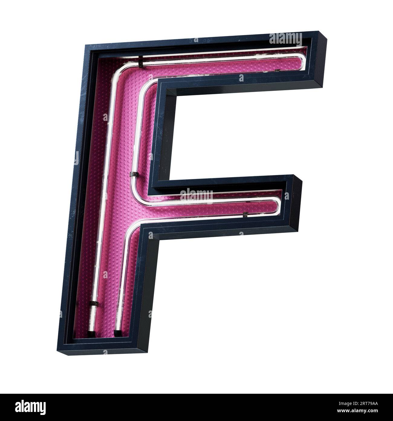 Illustration 3D de la lettre majuscule de l'alphabet blanc néon clair. Tube néon lettre majuscule effet luisant blanc dans une boîte en métal noir avec botto rose Banque D'Images