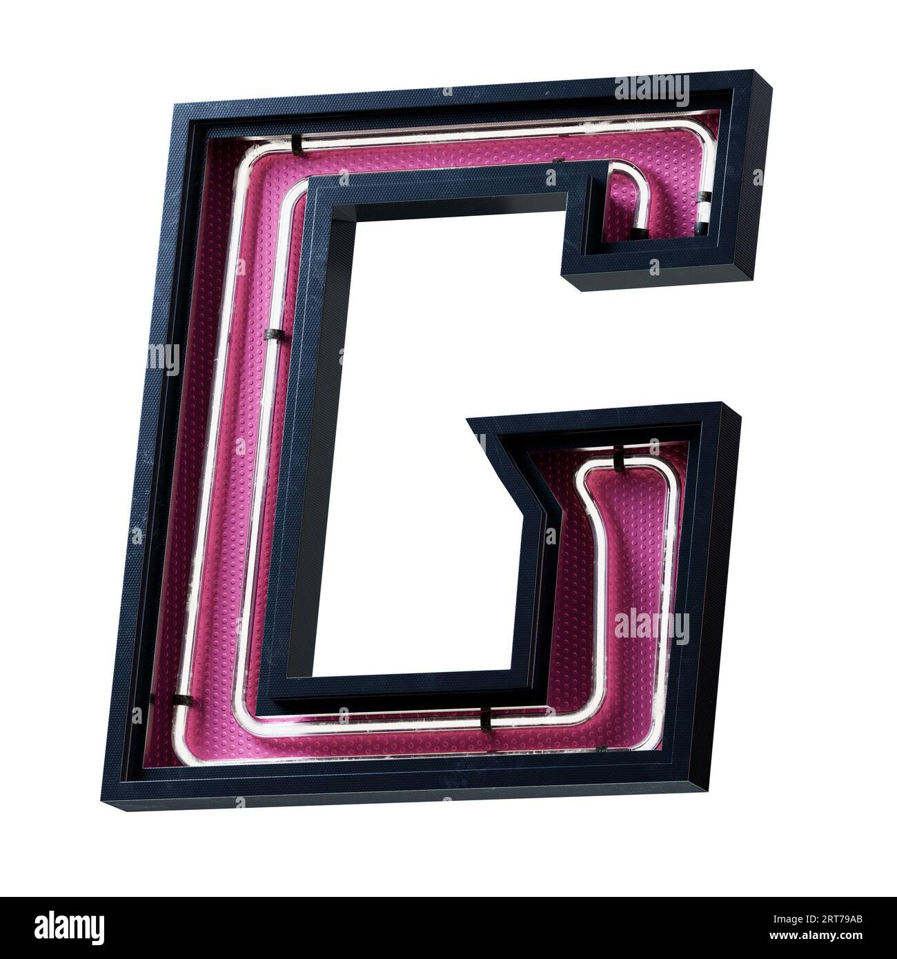 Illustration 3D de la lettre majuscule de l'alphabet blanc néon clair. Tube néon lettre majuscule effet luisant blanc dans une boîte en métal noir avec botto rose Banque D'Images