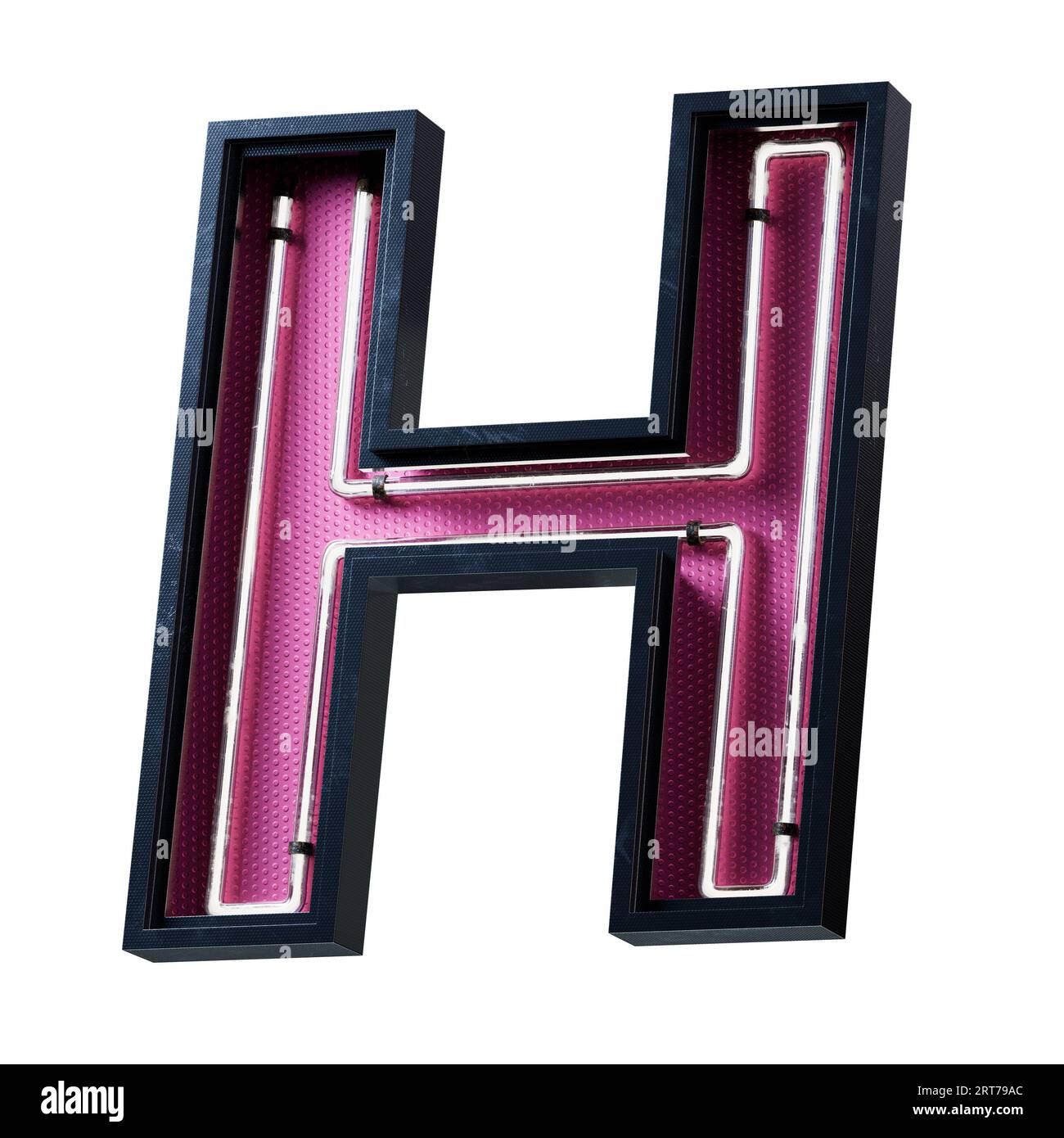 Illustration 3D de la lettre majuscule de l'alphabet blanc néon clair. Tube néon lettre majuscule effet luisant blanc dans une boîte en métal noir avec botto rose Banque D'Images