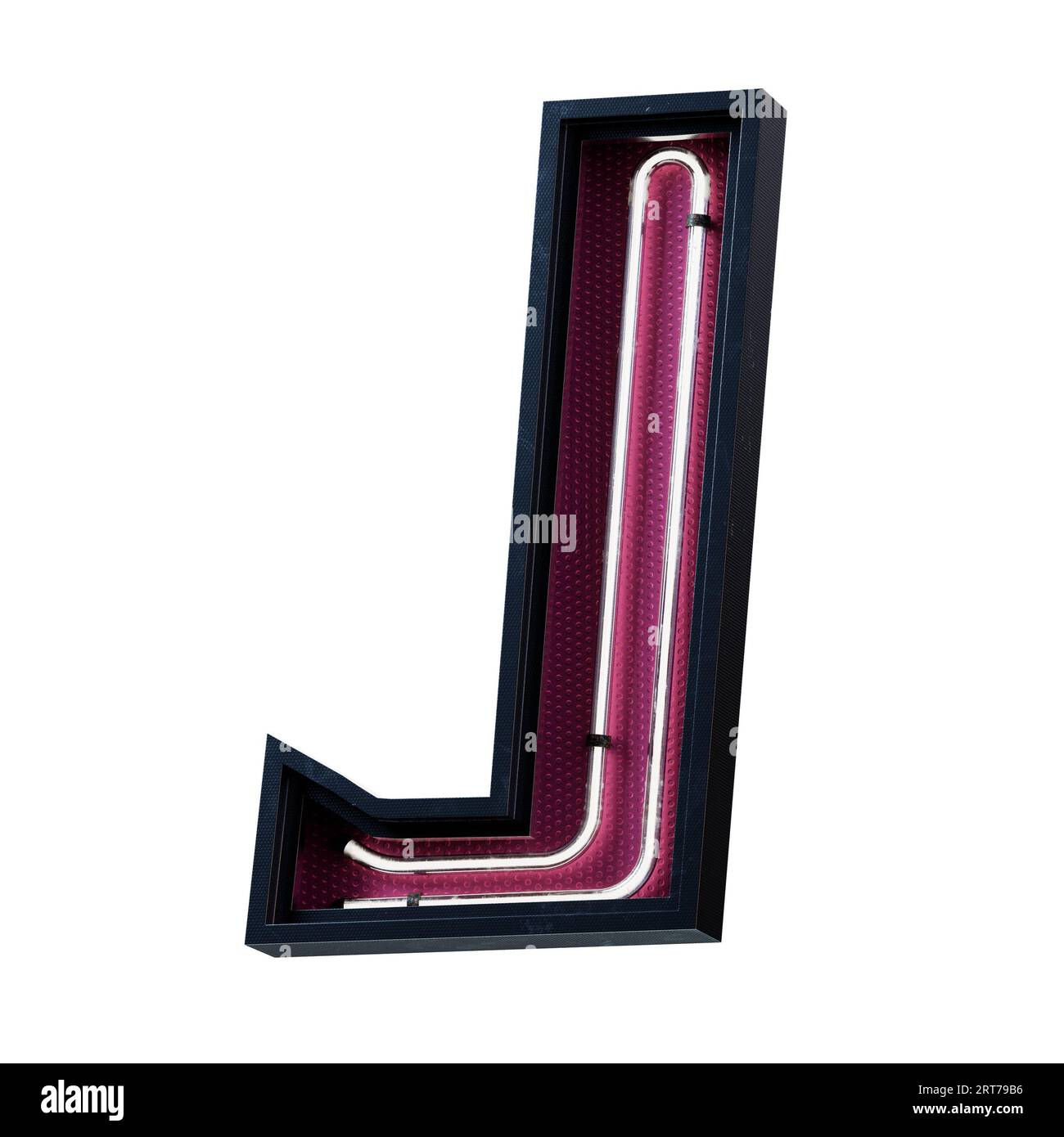 Illustration 3D de la lettre majuscule de l'alphabet blanc néon clair. Tube néon lettre majuscule effet luisant blanc dans une boîte en métal noir avec botto rose Banque D'Images