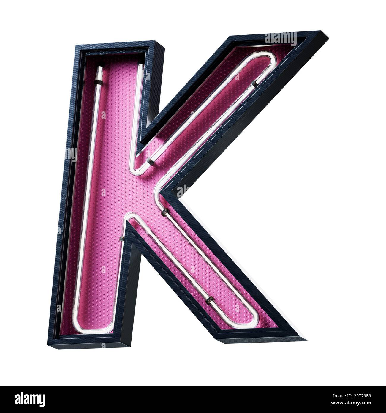 Illustration 3D de la lettre majuscule de l'alphabet blanc néon clair. Tube néon lettre majuscule effet luisant blanc dans une boîte en métal noir avec botto rose Banque D'Images