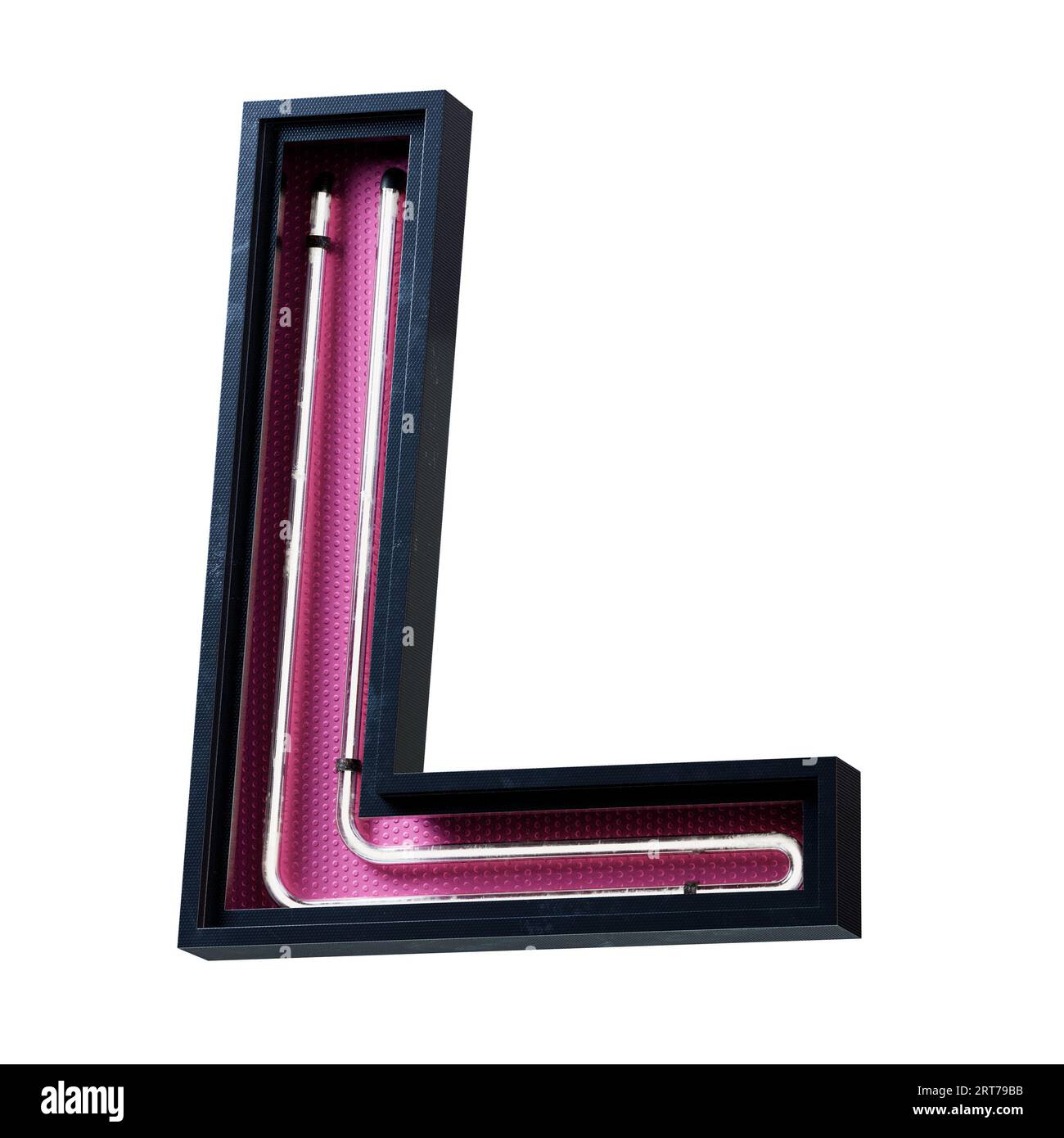 Illustration 3D de la lettre majuscule de l'alphabet blanc néon clair. Tube néon lettre majuscule effet luisant blanc dans une boîte en métal noir avec botto rose Banque D'Images