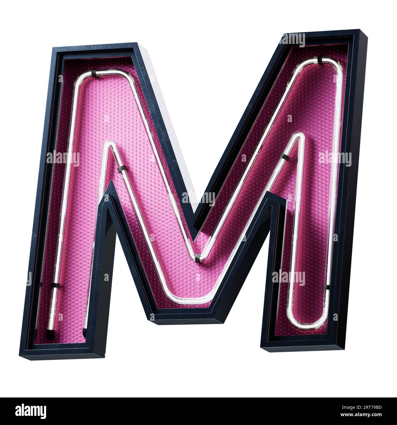 Illustration 3D de la lettre majuscule de l'alphabet blanc néon clair. Tube néon lettre majuscule effet luisant blanc dans une boîte en métal noir avec botto rose Banque D'Images