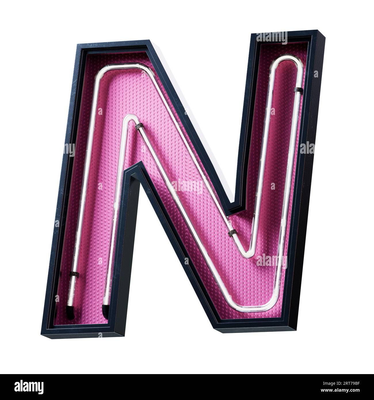 Illustration 3D de la lettre majuscule de l'alphabet blanc néon clair. Tube néon lettre majuscule effet luisant blanc dans une boîte en métal noir avec botto rose Banque D'Images