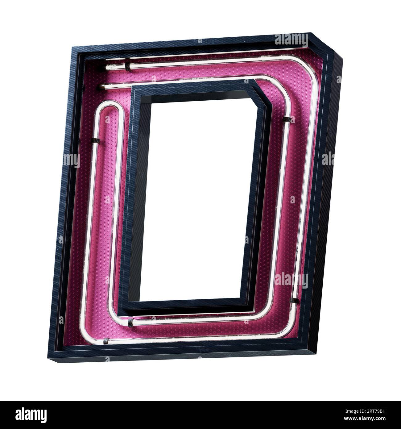 Illustration 3D de la lettre majuscule de l'alphabet blanc néon clair. Tube néon lettre majuscule effet luisant blanc dans une boîte en métal noir avec botto rose Banque D'Images