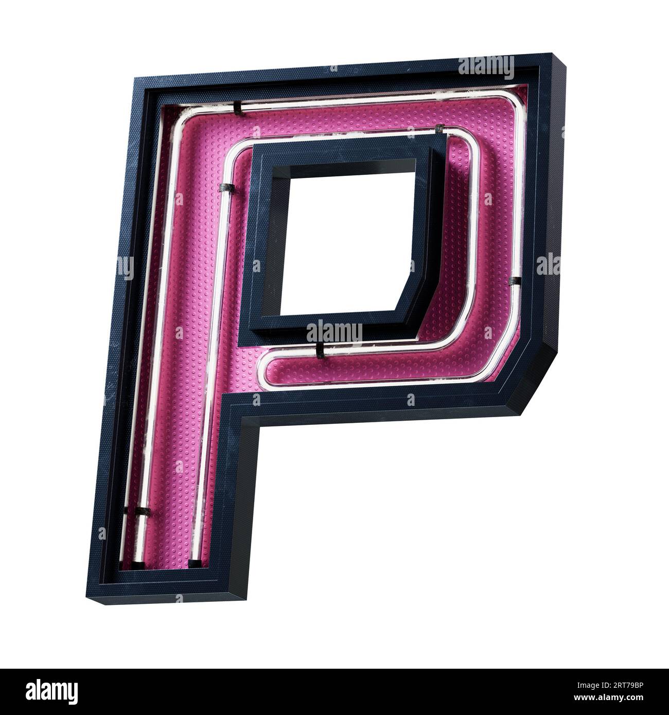 Illustration 3D de la lettre majuscule de l'alphabet blanc néon clair. Tube néon lettre majuscule effet luisant blanc dans une boîte en métal noir avec botto rose Banque D'Images