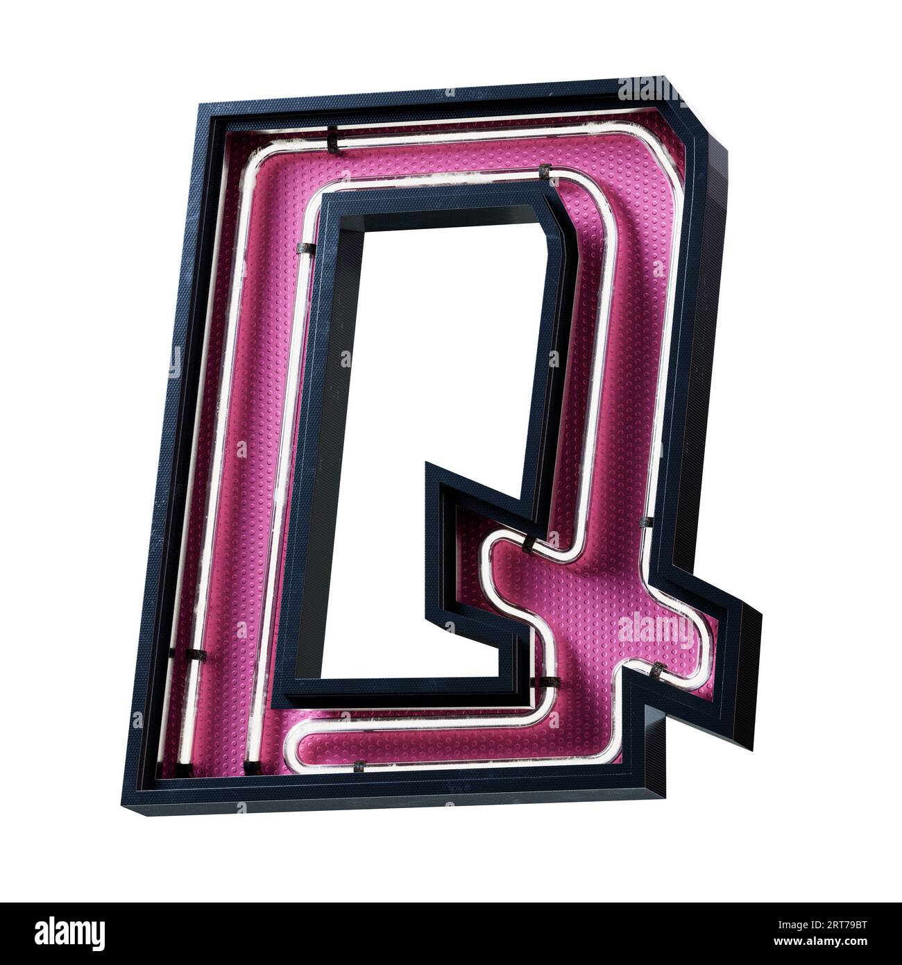 Illustration 3D de la lettre majuscule de l'alphabet blanc néon clair. Tube néon lettre majuscule effet luisant blanc dans une boîte en métal noir avec botto rose Banque D'Images