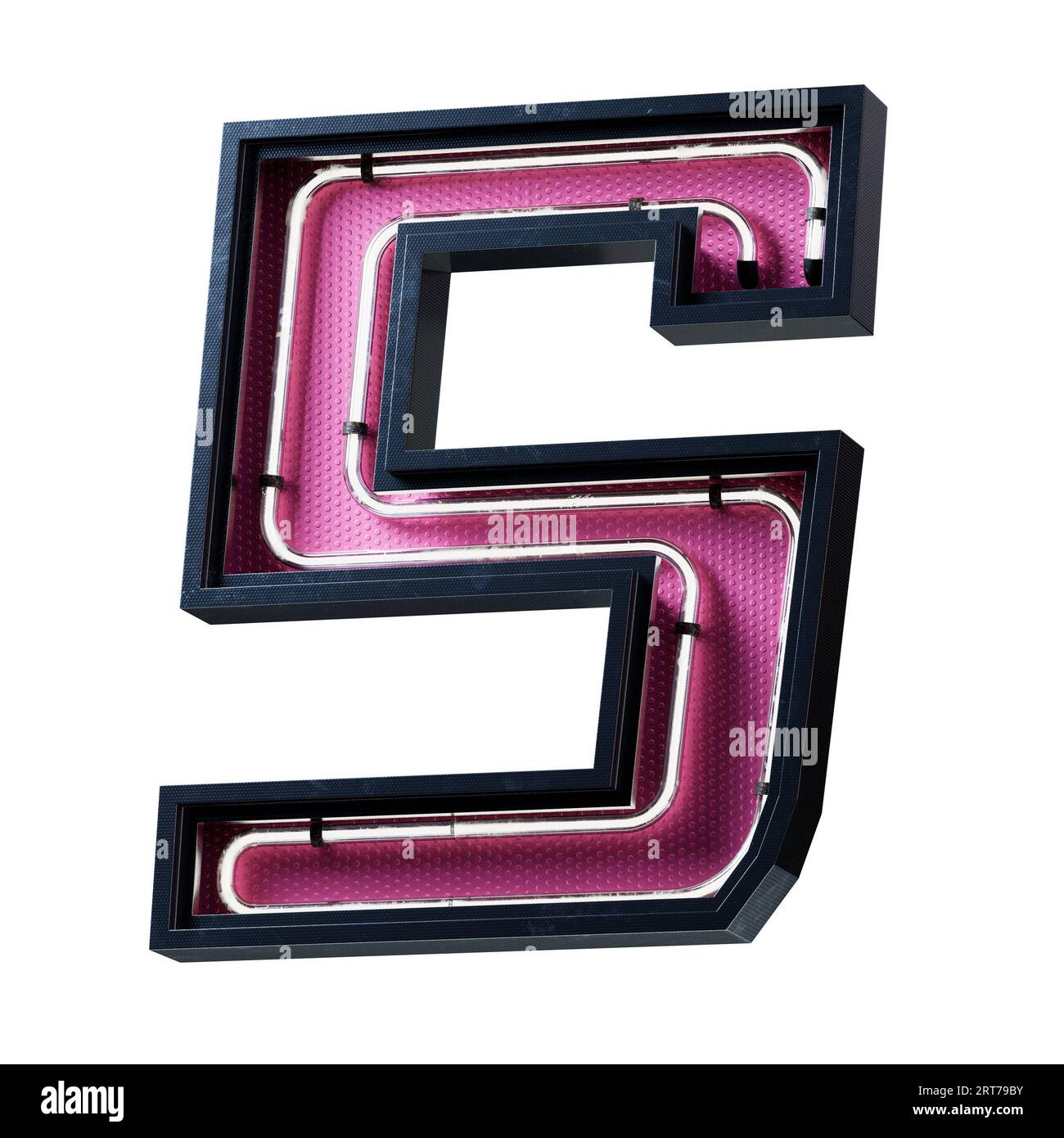 Illustration 3D de la lettre majuscule de l'alphabet blanc néon clair. Tube néon lettre majuscule effet luisant blanc dans une boîte en métal noir avec botto rose Banque D'Images