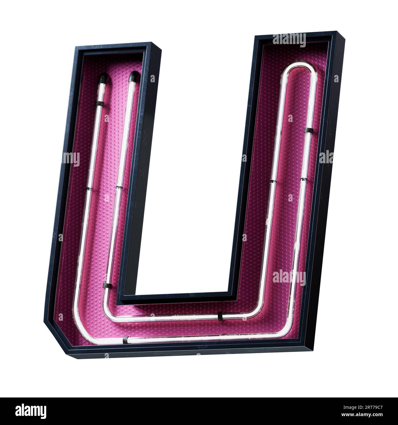 Illustration 3D de la lettre majuscule de l'alphabet blanc néon clair. Tube néon lettre majuscule effet luisant blanc dans une boîte en métal noir avec botto rose Banque D'Images