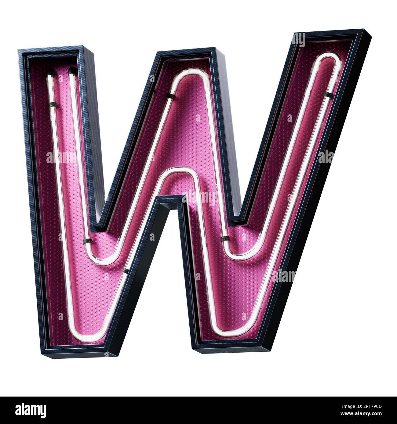 Illustration 3D de la lettre majuscule de l'alphabet blanc néon clair. Tube néon lettre majuscule effet luisant blanc dans une boîte en métal noir avec botto rose Banque D'Images