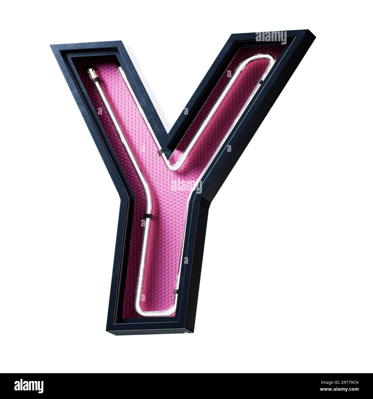 Illustration 3D de la lettre majuscule de l'alphabet blanc néon clair. Tube néon lettre majuscule effet luisant blanc dans une boîte en métal noir avec botto rose Banque D'Images