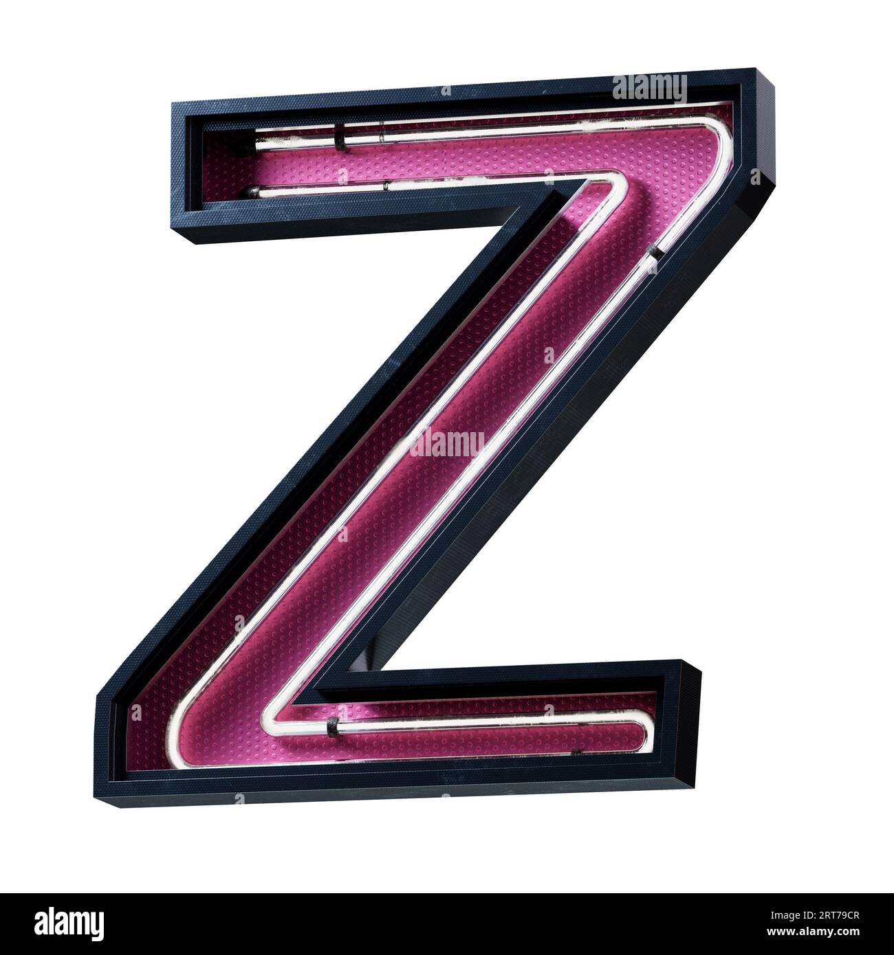 Illustration 3D de la lettre majuscule de l'alphabet blanc néon clair. Tube néon lettre majuscule effet luisant blanc dans une boîte en métal noir avec botto rose Banque D'Images