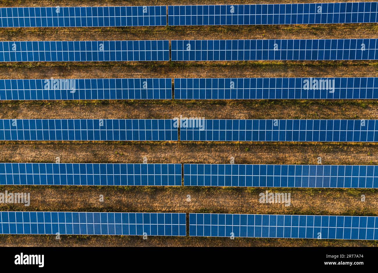 Photo horizontale aérienne - vue de dessus de l'énorme centrale solaire sur le terrain en Europe - avec belle lumière du soleil au coucher du soleil. Banque D'Images