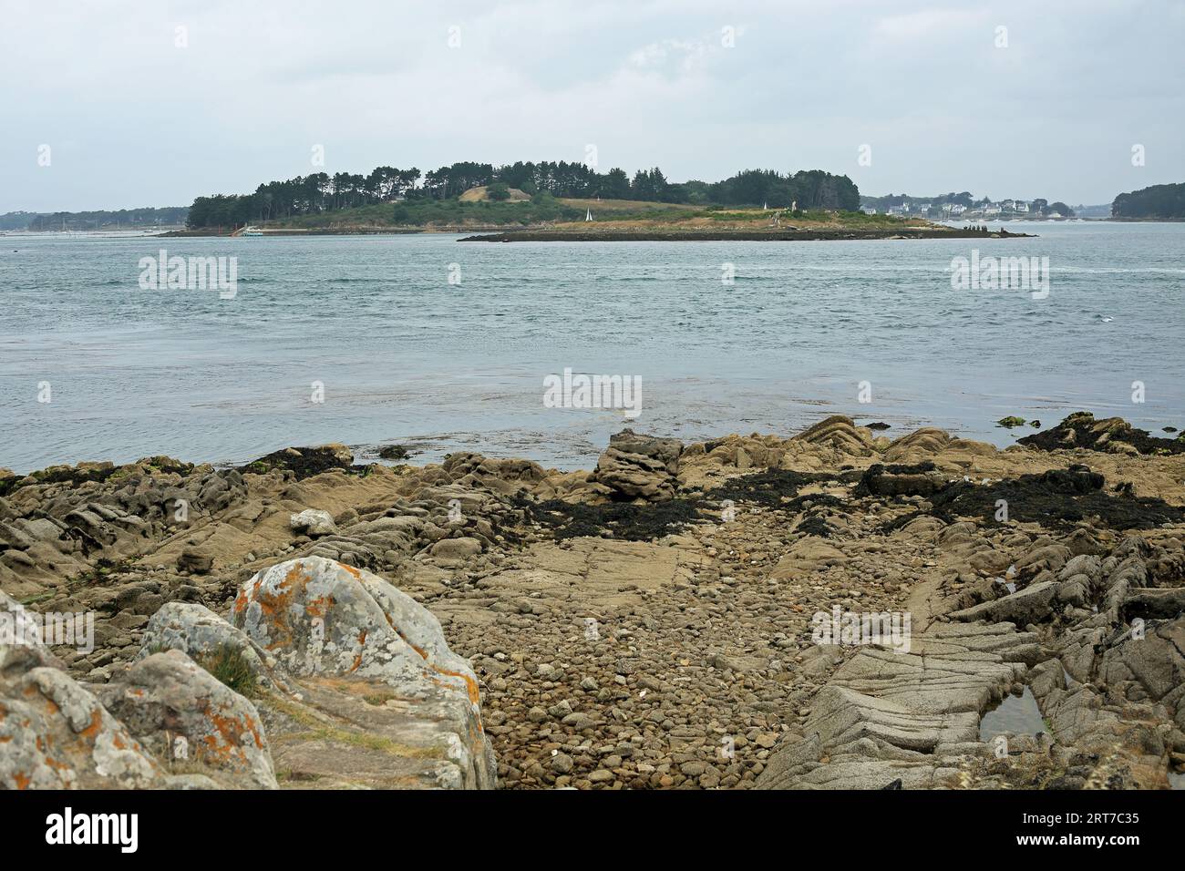 Vue sur les îles er Lannic et Gavrinis depuis Pointe de Pembert, Arzon, Morbihan, Bretagne, France Banque D'Images