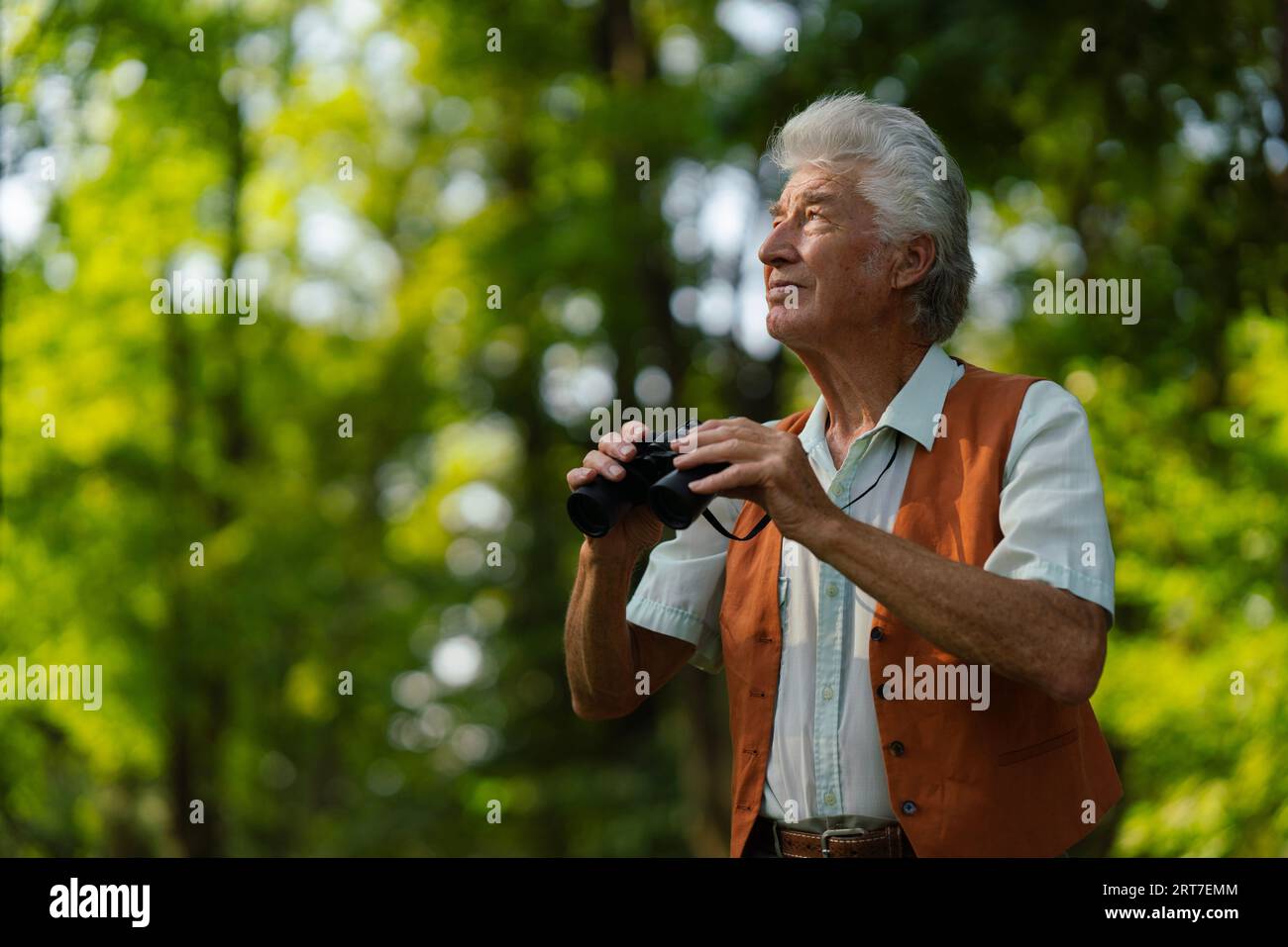 Homme âgé passant du temps libre à l'extérieur dans la nature, observant les animaux de la forêt avec des jumelles. Banque D'Images