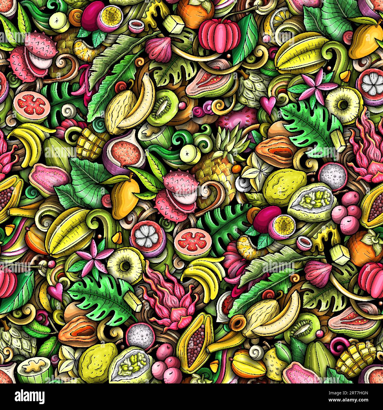 Dessin animé vecteur doodles sur le sujet des fruits exotiques Seamless motif présente une variété d'objets fruités tropicaux et de symboles. Fantaisie ludique c Illustration de Vecteur