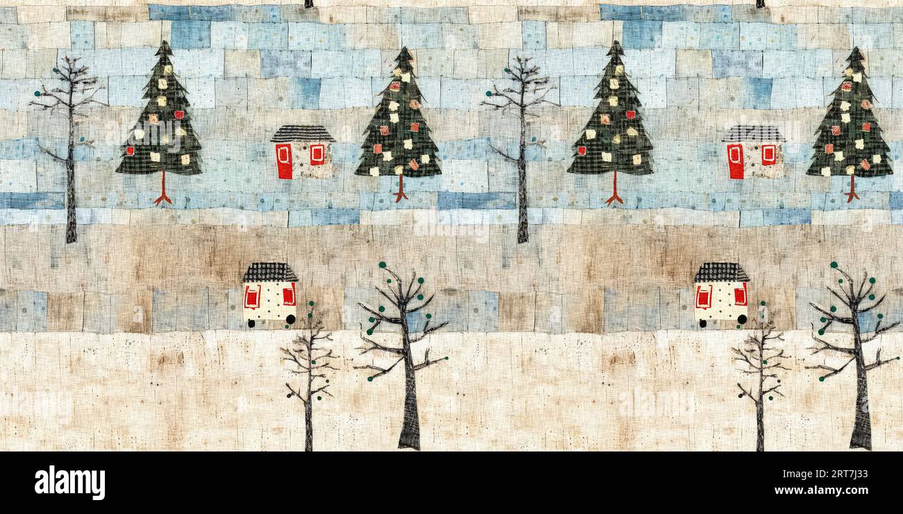 Chalet de noël rustique avec effet de tissu de couture à la main primitive. bordure. Garniture de ruban homespun chic et nostalgique douillet avec americana Banque D'Images