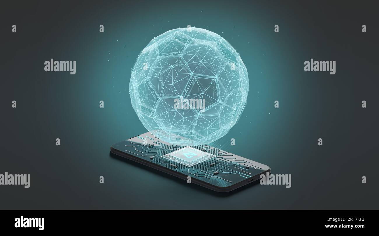 Maquette de puce de ballon de football d'intelligence artificielle de téléphone noir, fond sombre, rendu 3D. Génération de processus gpt de simulation intellect. Internet deve Banque D'Images