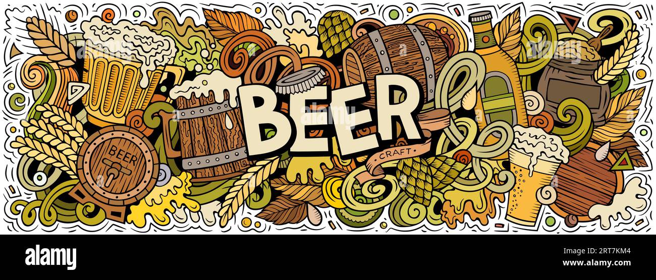 Dessin animé vecteur Beer doodle illustration présente une variété d'objets et de symboles Oktoberfest. Couleurs vives image drôle fantaisiste. Illustration de Vecteur