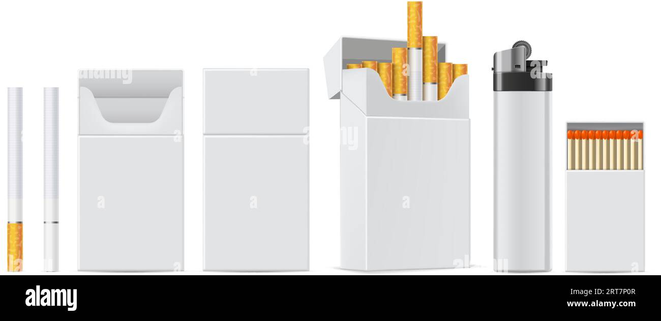 Maquette de produit de cigarette. Cigarettes réalistes, briquet blanc, paquet d'allumettes et paquet de boîte de cigarettes ensemble de modèles vectoriels isolés Illustration de Vecteur