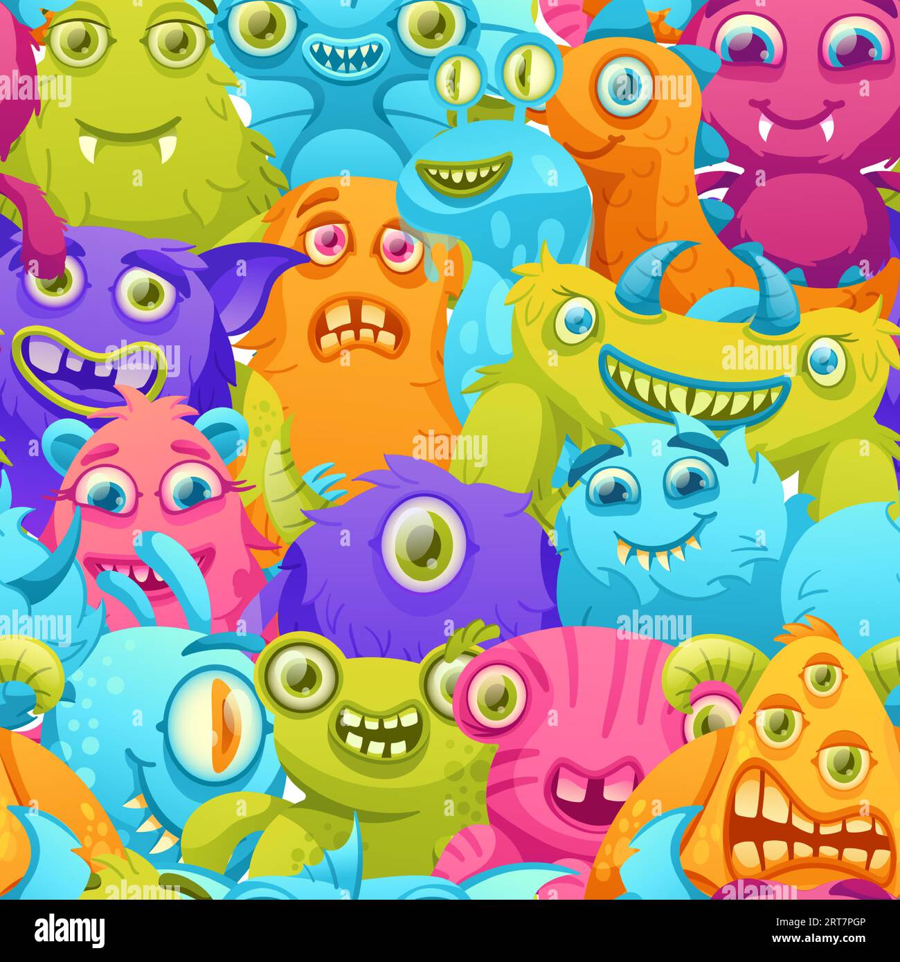 Motif de monstres de dessin animé. Foule drôle d'extraterrestres colorés, créatures monstres illustration de fond vectorielle sans couture Illustration de Vecteur