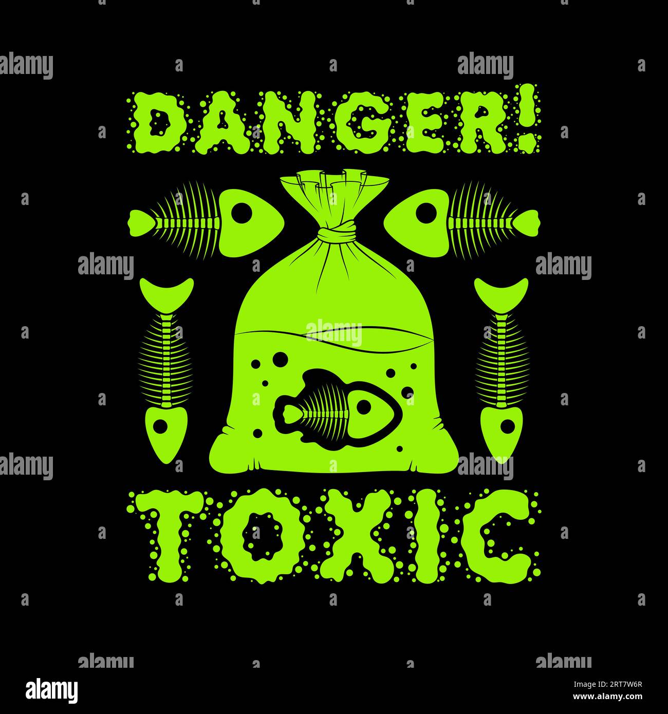 Poisson toxique en sac, squelette, danger d'avertissement. Illustration verte vectorielle brillante sur noir. Illustration de Vecteur