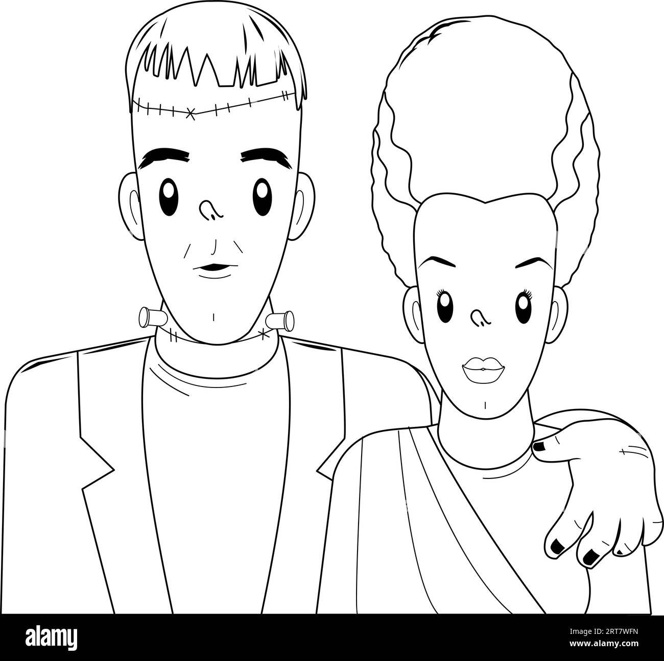 Monstre Halloween et sa fiancée monstre. Page de coloriage en noir et blanc vectoriel. Illustration de Vecteur