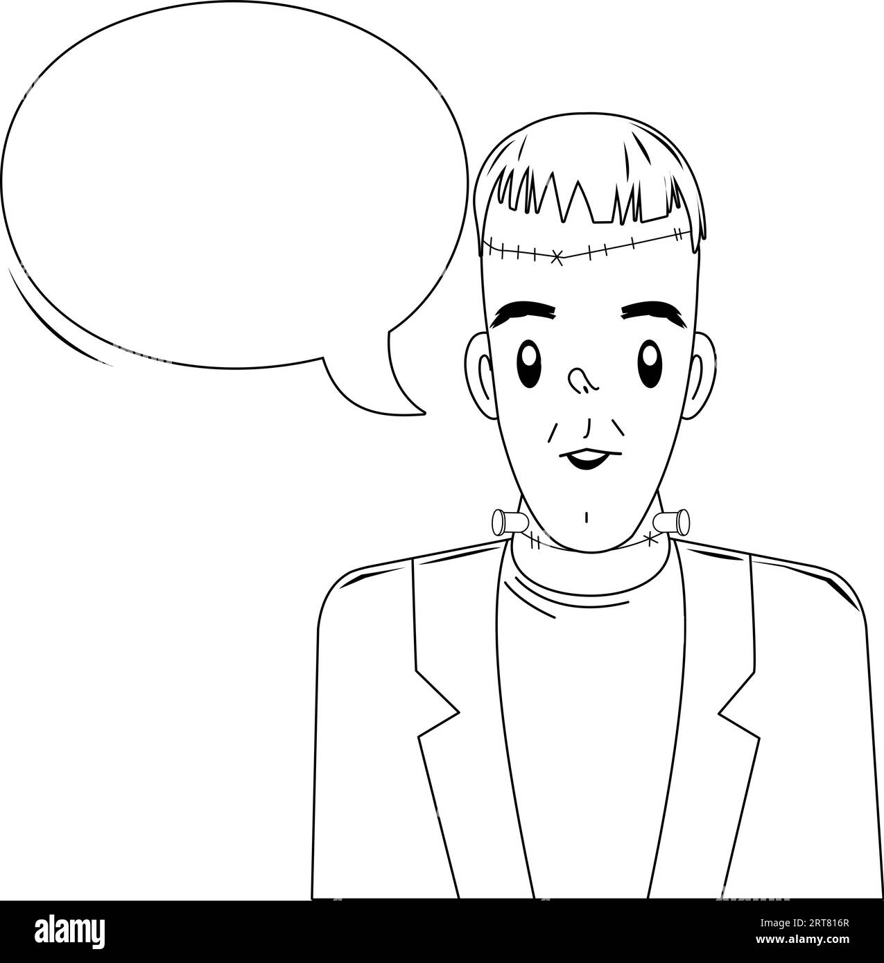 Monstre d'Halloween et bulle de discours. Page de coloriage en noir et blanc vectoriel. Illustration de Vecteur