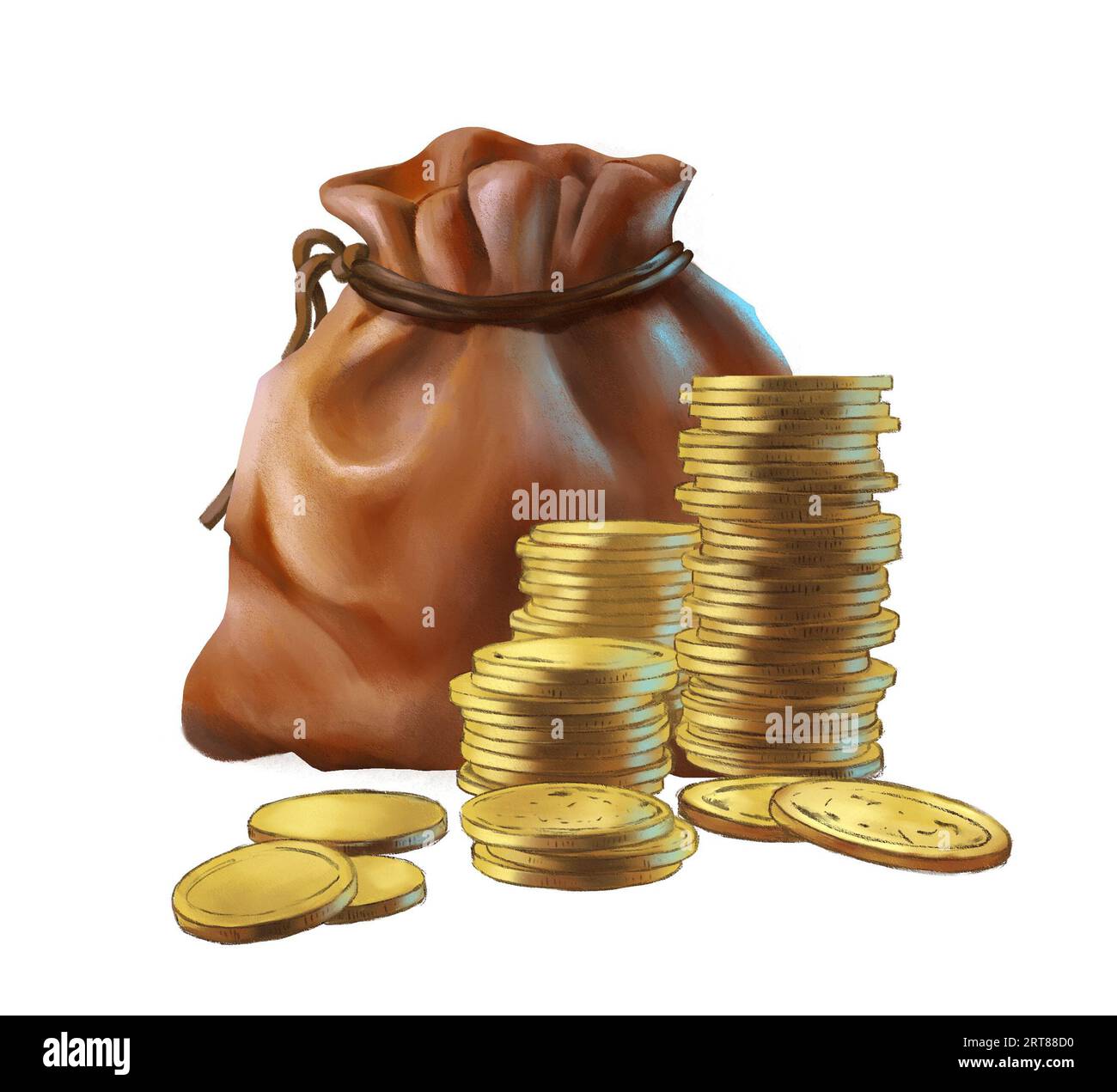 Sac d'argent et une pile de pièces d'or sur un bureau. Illustration numérique. Banque D'Images