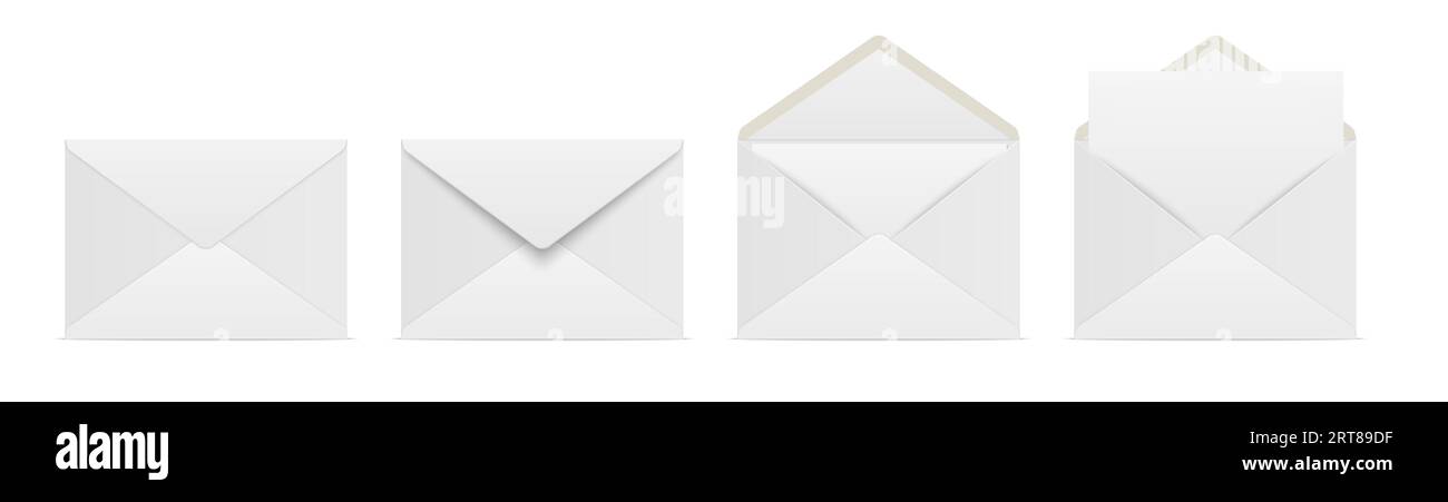 Enveloppes vectorielles avec lettre vierge. Ensemble d'enveloppes isolées pliées et dépliées. Modèle de conception. Message, notification, courrier, surprise et Illustration de Vecteur