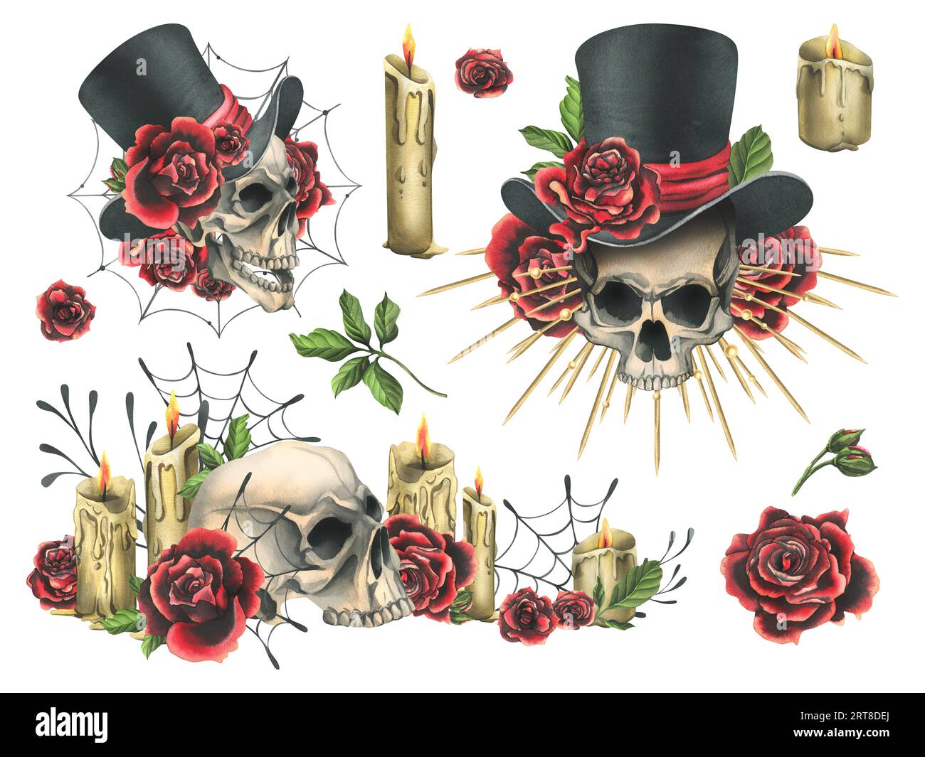 Crâne humain dans un chapeau haut de gamme avec des roses rouges, une couronne d'or avec des rayons, des bougies. Illustration aquarelle dessinée à la main pour le jour des morts, halloween, Dia de Banque D'Images