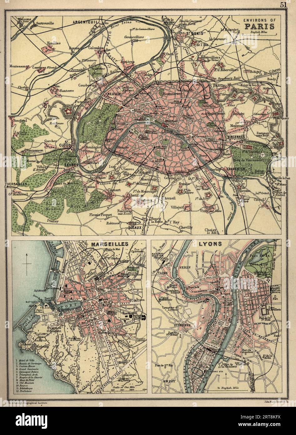 Carte antique de Paris, Marseille et Lyon, France, années 1890, 19e siècle Banque D'Images
