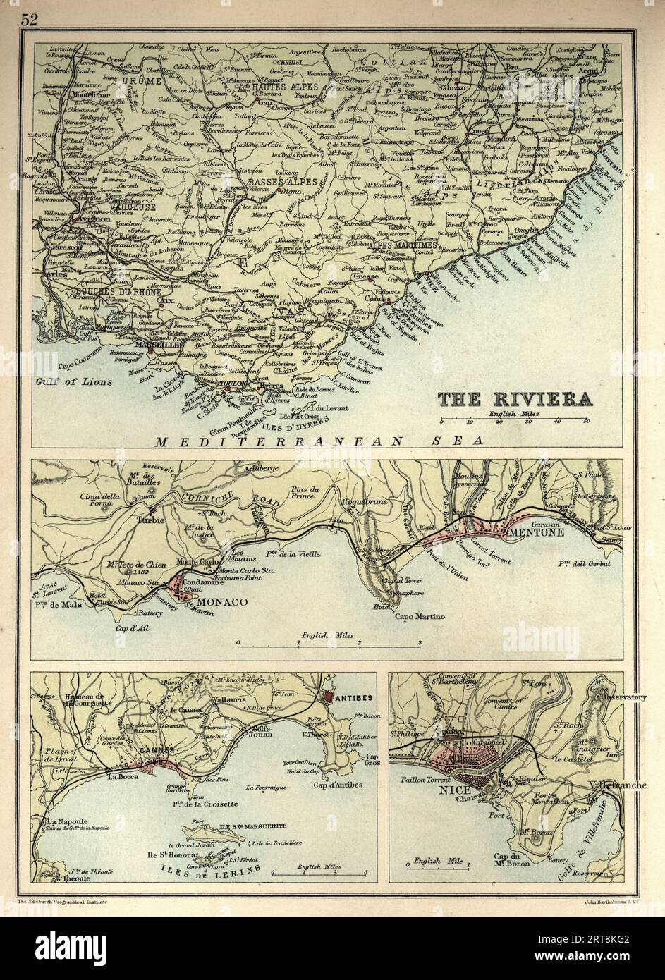 Carte antique de Riviera, Monaco, Cannes et Nice, France, années 1890, 19e siècle Banque D'Images