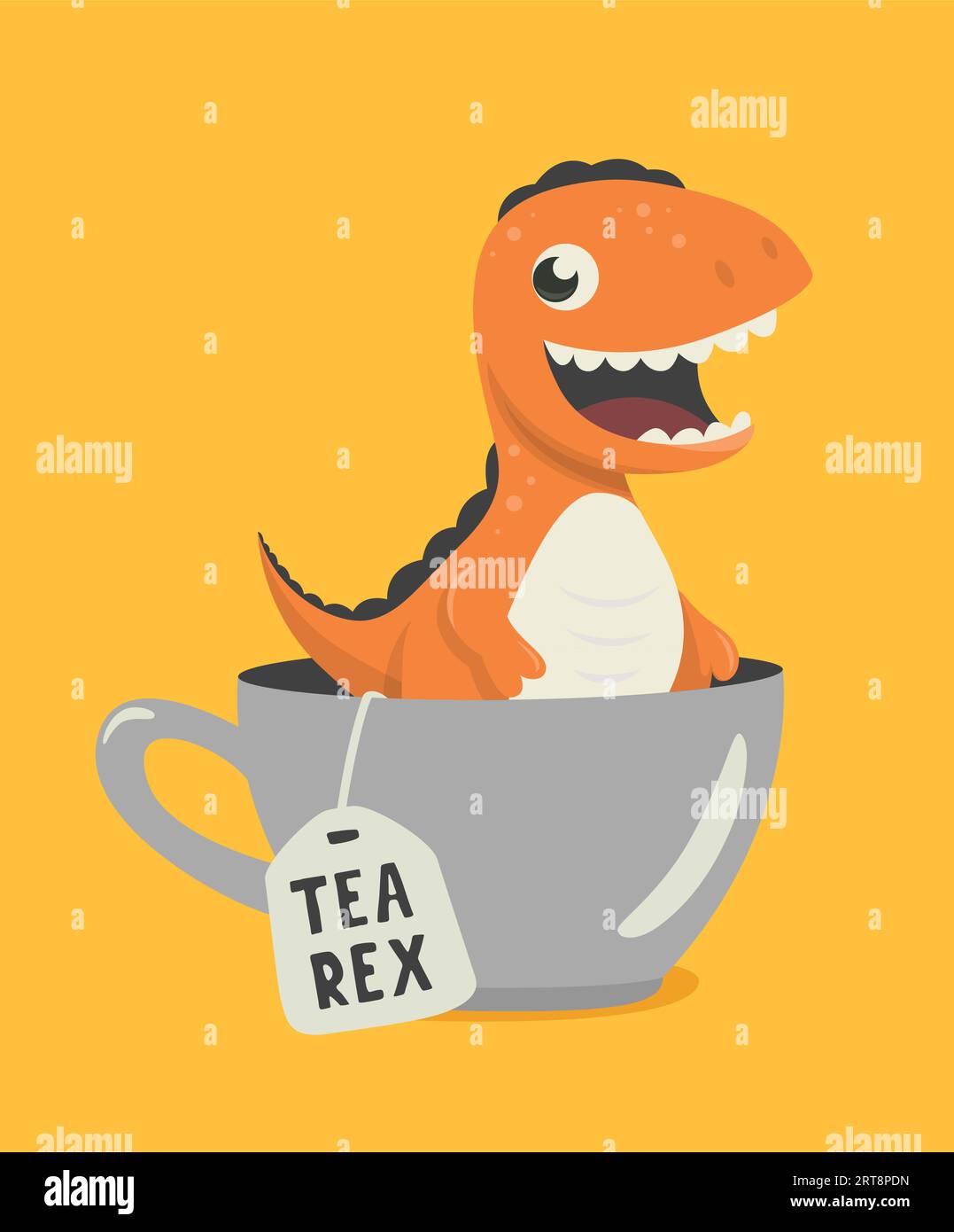 Tea Rex. Vecteur drôle et mignon Cartoon Dinosaur dans Tea Cup. Tasse avec boisson chaude au thé et tyrannosaure Rex, T-rex dessiné à la main. Enfants, enfants s Illustration de Vecteur