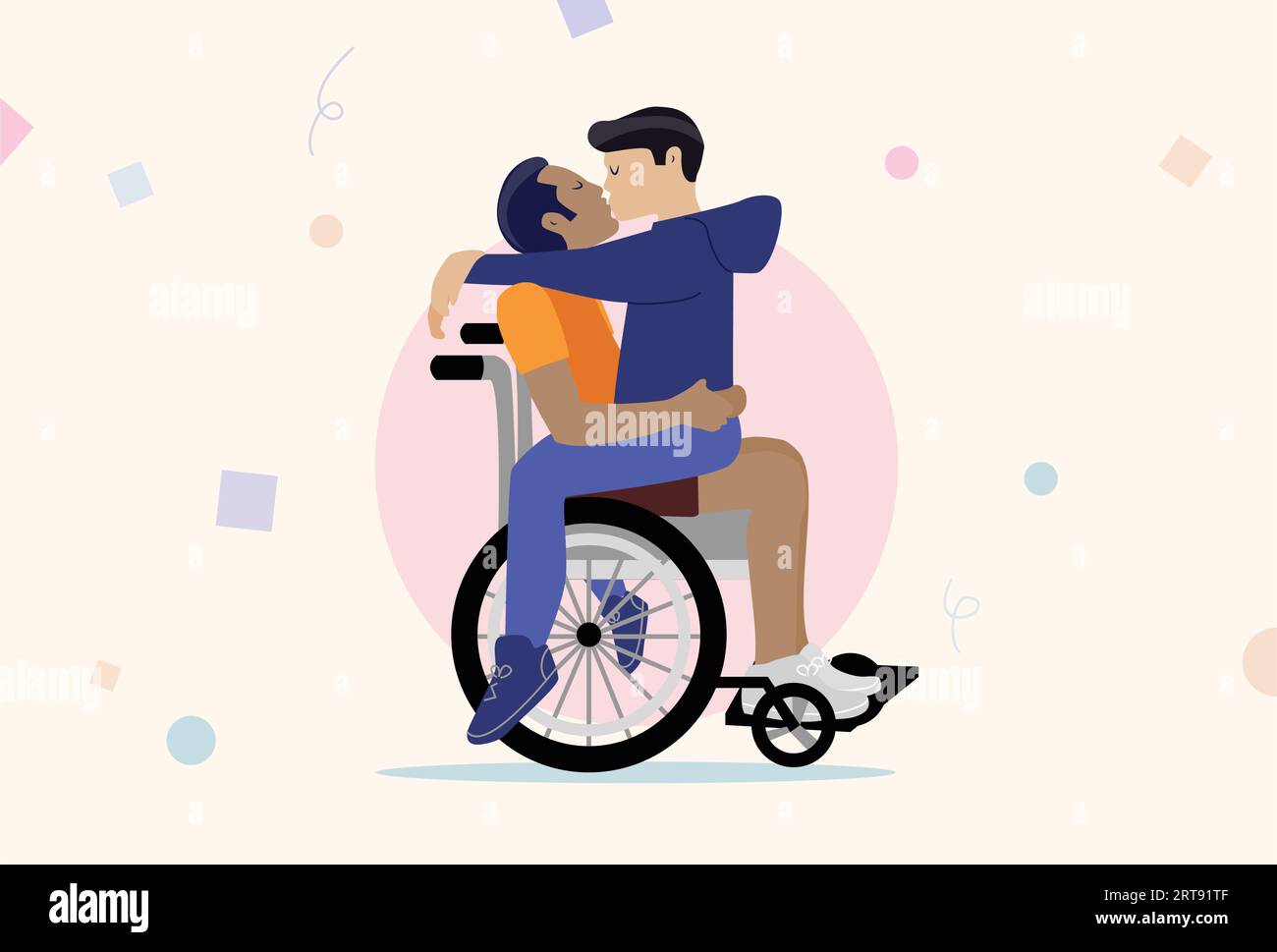 Heureux handicapés gay hommes s'embrassant et serrant sur un fauteuil roulant. Personnes amoureuses des handicapés, handicap. Couple diversifié assis et célébrant l'amour. Illustration de Vecteur