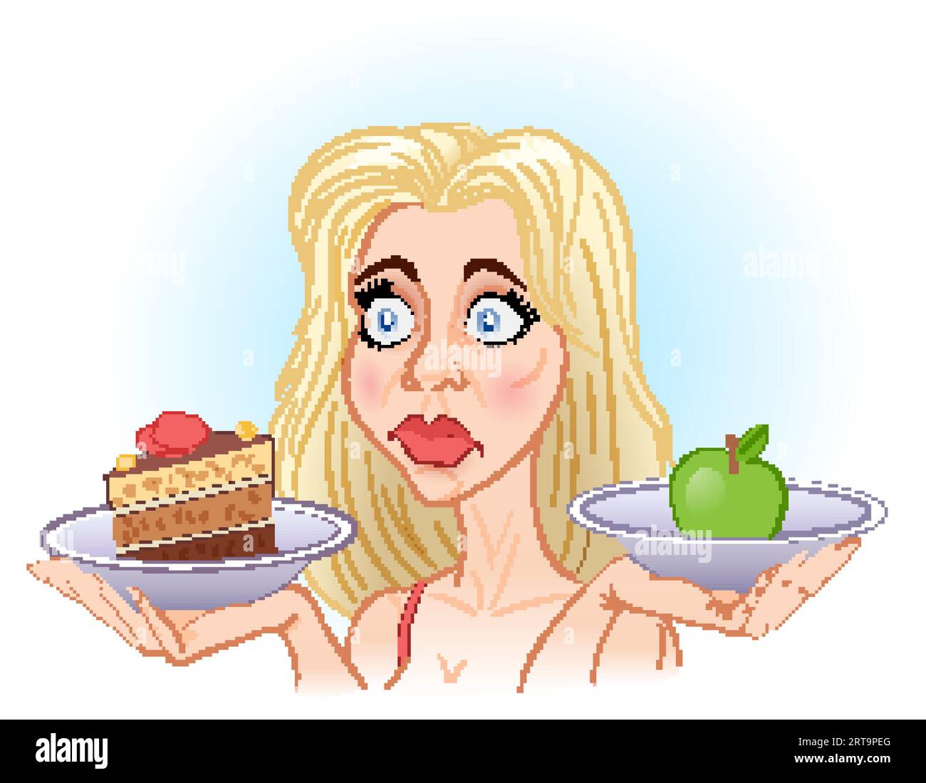 Difficile de faire le bon choix. Une femme blonde tenant un Piece of Cake, une main et une pomme verte dans une autre. Illustration de Young Girl Makes Choice in Die Illustration de Vecteur