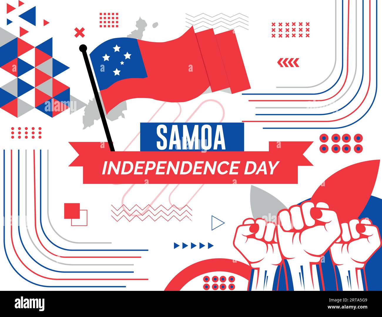 Bannière de fête nationale SAMOA avec carte, fond de thème de couleurs de drapeau et design coloré moderne abstrait rétro géométrique avec des mains levées ou des poings. Illustration de Vecteur
