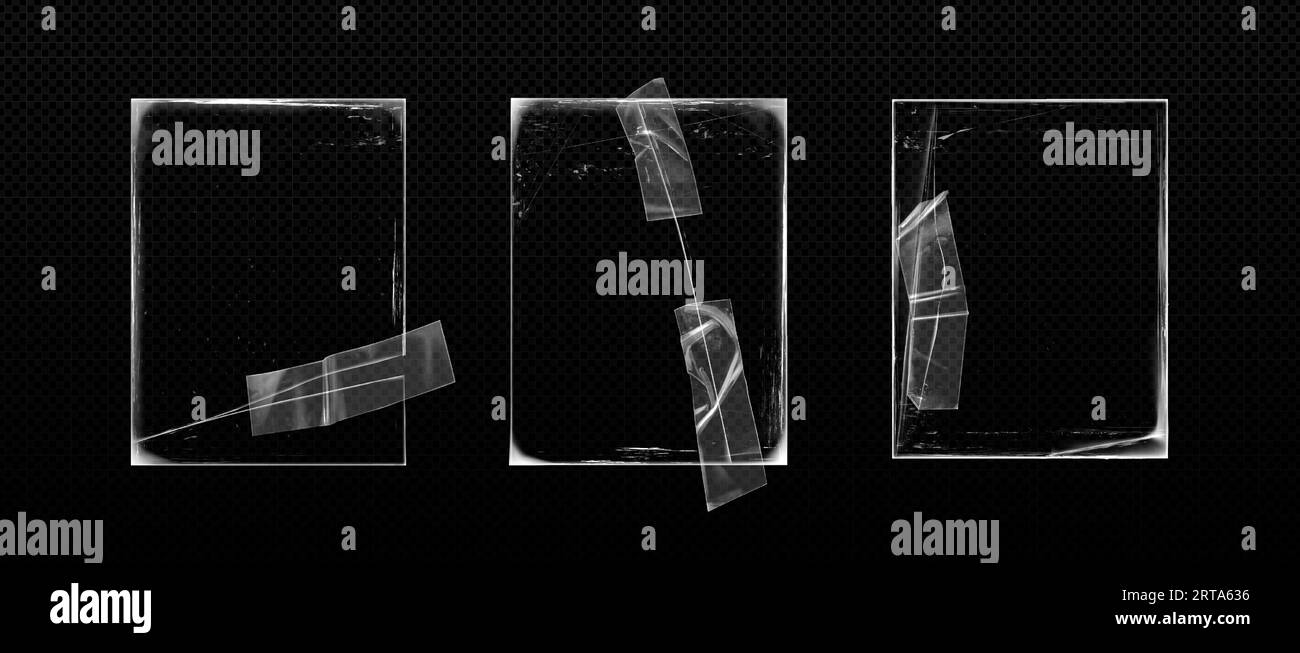 Vieille couverture en vinyle grunge avec effet de bord usé, fissures et récupéré avec du ruban adhésif collé. Texture de superposition réaliste en détresse de l'affiche d'album de groupe de musique ou du verre photoframe avec des patchs collants. Illustration de Vecteur