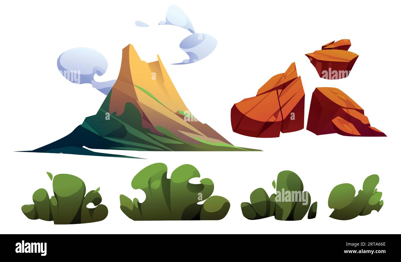 Ensemble de vecteurs de dessin animé d'éruption volcanique - montagne volcanique active avec de la fumée et de la cendre, des pierres brunes et des buissons verts. Éléments de paysage tropical préhistorique ou insulaire d'hawaï. Scène d'explosion volcanique. Illustration de Vecteur